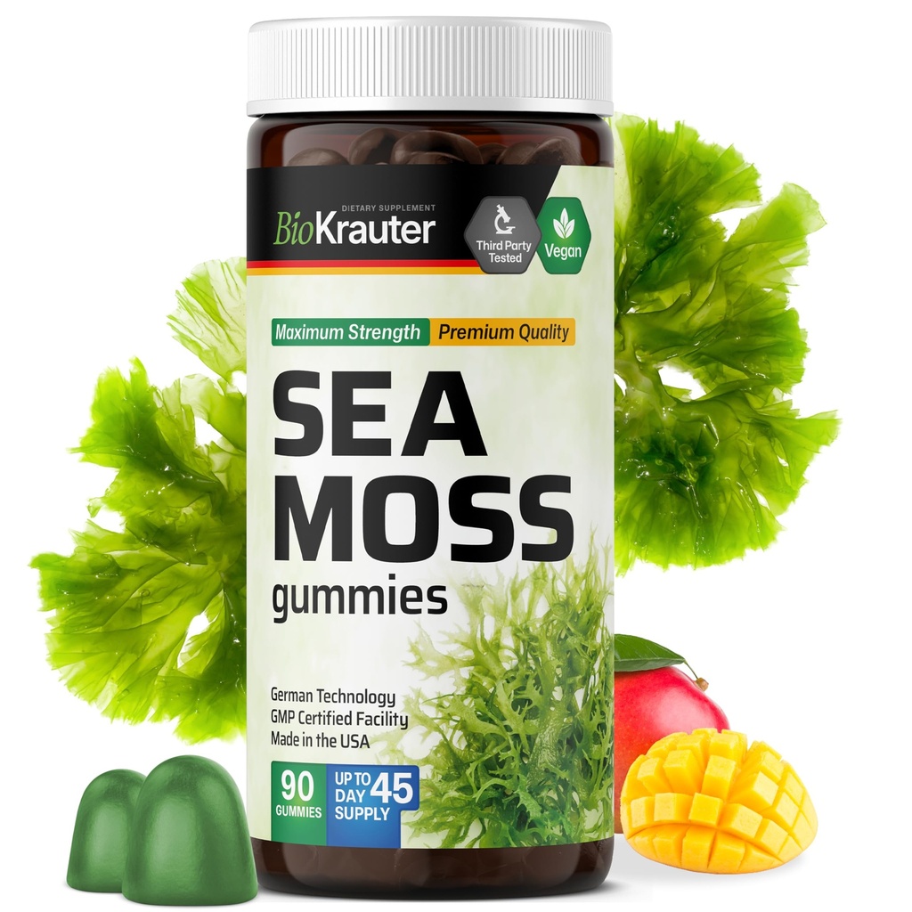 BIO KRAUTER® 3-in-1 Sea Moss for Thyroid Support - Vegan Sea Moss Gummies with Bladderwrack & Burdock Root for Women & Men - 90 Gummies Chondrus Crispus Formula, 45 Days of Supply, Mango Flavor