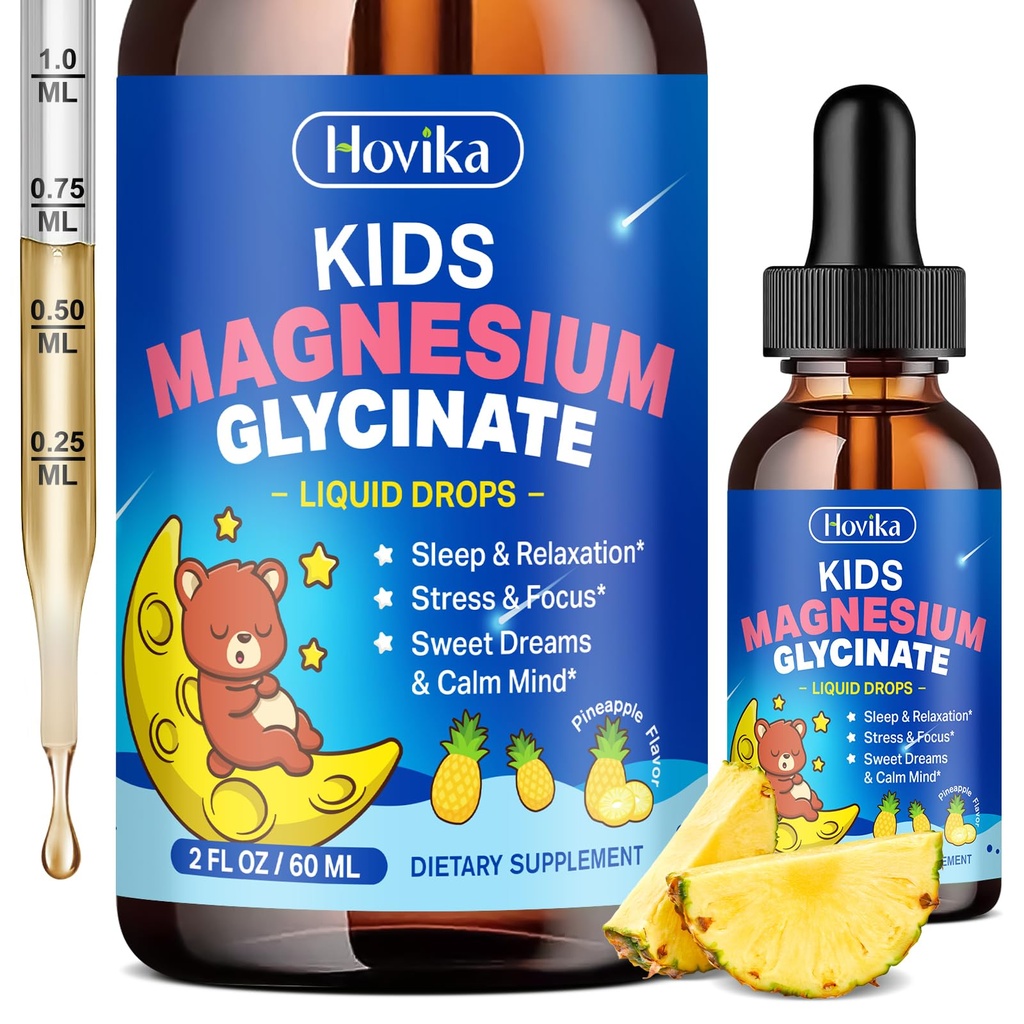 Kids Magnesium Glycinate Liquid with L-Theanine Omega-3, Vitamin B6, D3, Zinc, Magnesium Liquid Drops for Kids Sleep, Relaxation, Calm & Focus, 2 Fl Oz Pineapple Flavor
