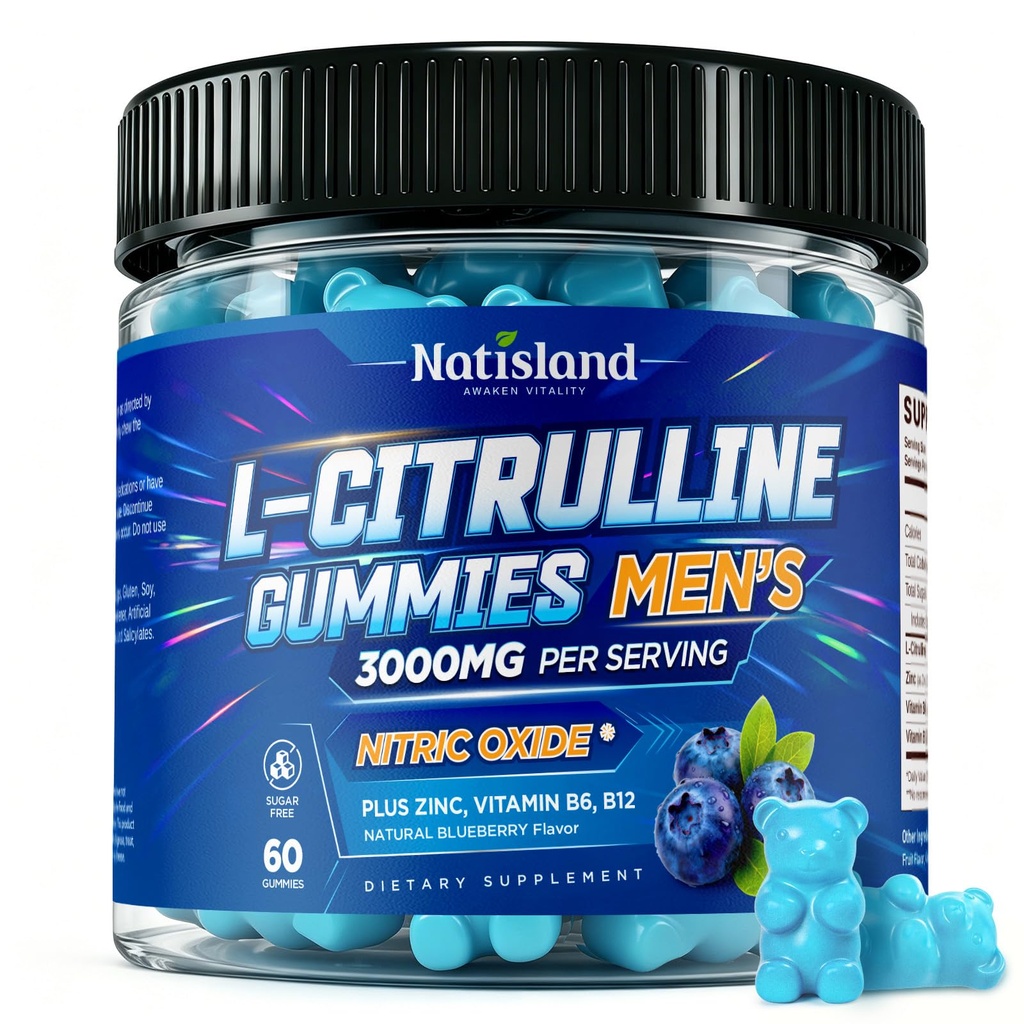 L Citrulline for Men Gummies, 3000mg L-Citrulline Supplements with Vitamin B6, B12, Zinc for Muscle Health & Recovery, Nitric Oxide Gummies Supplement, Sugar-Free, Vegan, Blueberry Flavor, 60 Count