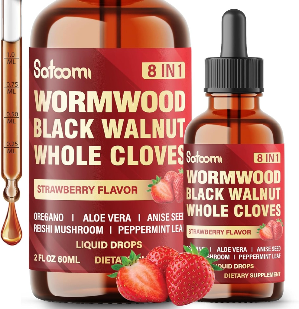 Satoomi 8in1 Wormwood vloeibare druppels met zwarte walnoot, hele kloven en 5 Meer - 60ml voor 60 dagen levering
