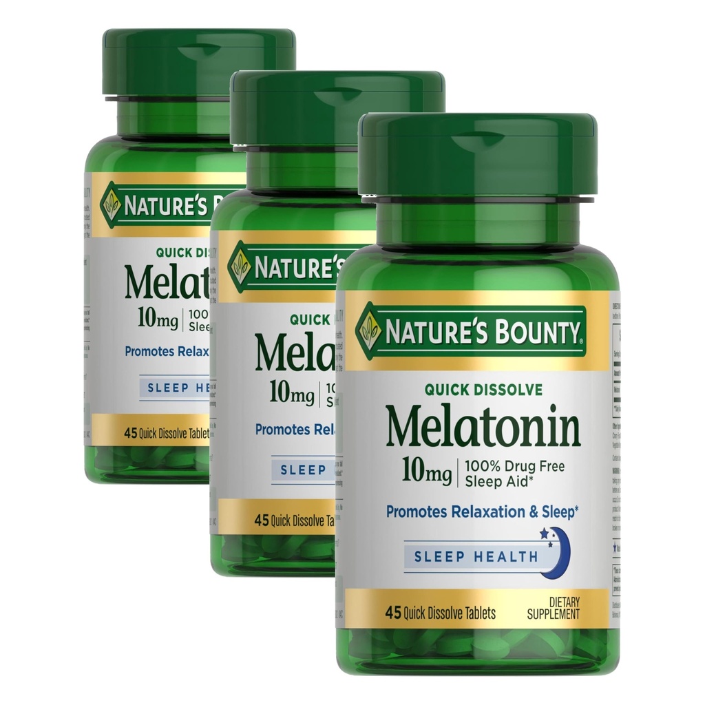 Nature's Bounty Melatonin, 100% Drug Free Sleep Aid, Dietary Supplement, Promotes Relaxation and Sleep Health, 10mg, Quick Dissolve Tablets, 45 Count (Pack of 3)