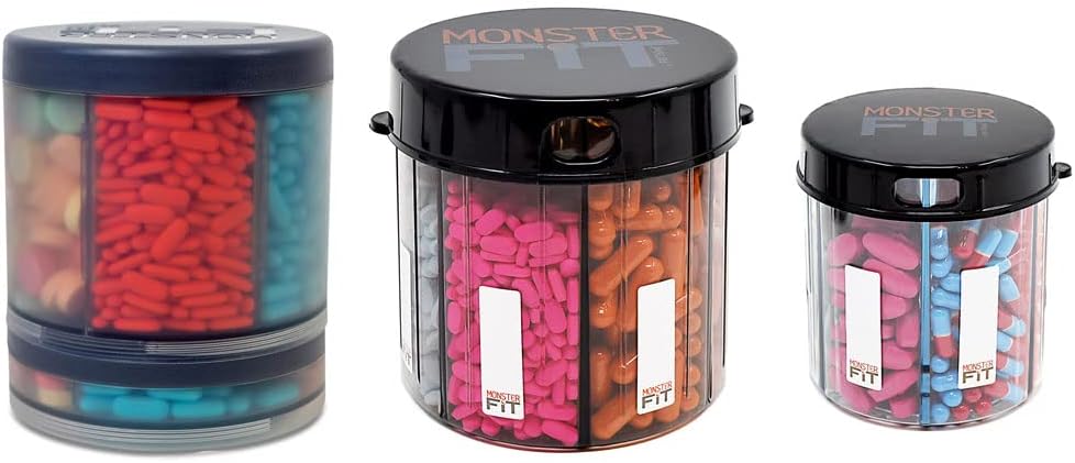 Monster Supplement Medication Pill Dispenser met Compartiment Labels - Extra grote pil container fles handvat bijna elk supplement - Gemakkelijk te verwijderen (3 Pack - Monster, Monster Jr & Monster Ten)