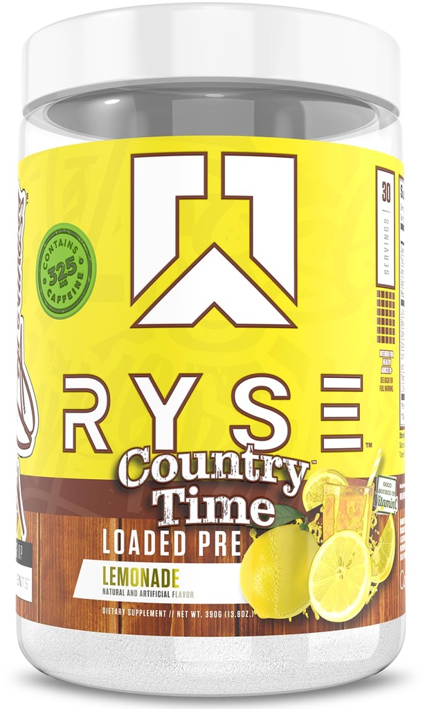 RYSE geladen pre-workout poeder - Country Time Limonade - Dagelijkse pre-workout voor mannen en vrouwen met 325 mg cafeïne, Beta Alanine en Citrulline voor pomp, focus en energie - 30 porties