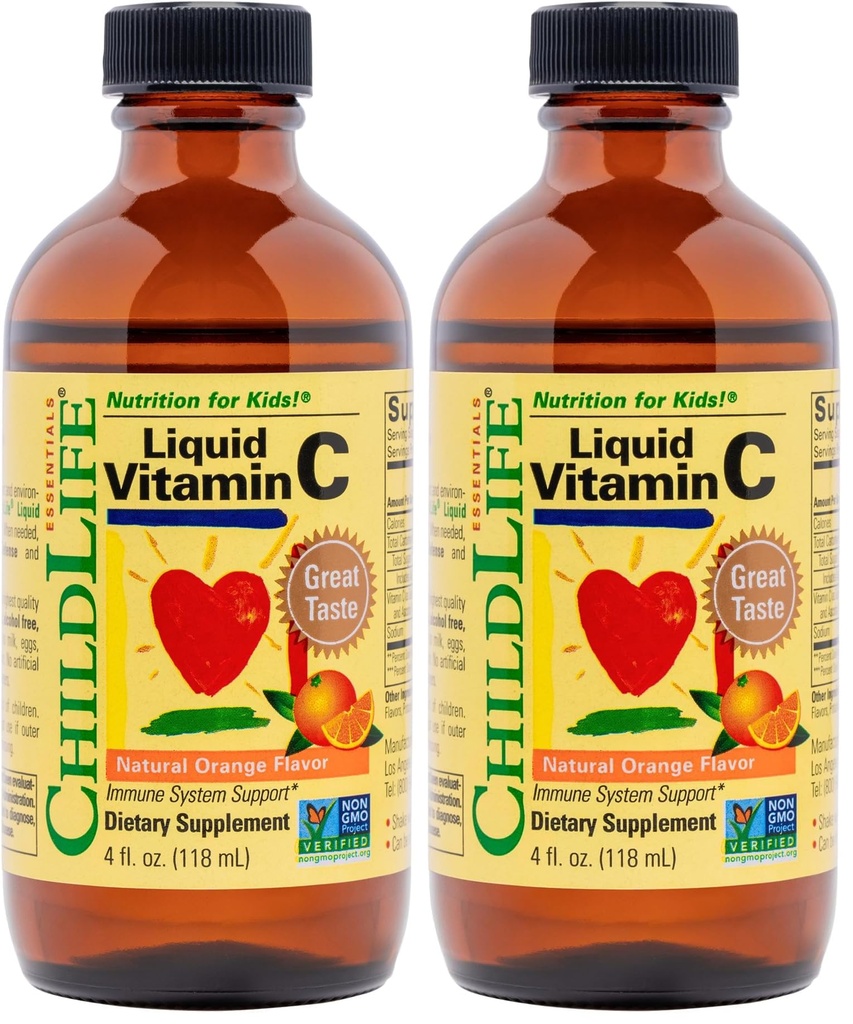 CHILDLIFE ESSENTIALS Liquid Vitamin C - Immune Support, Vitamin C Liquid, All-Natural, Gluten-Free, Allergen Free, Non-GMO, High in Antioxidants - Orange Flavor, 4 Ounce Bottle (Pack of 2)