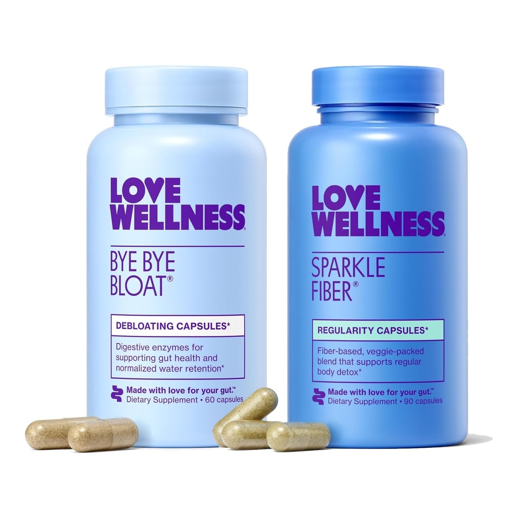 Love Wellness Bye Bye Bloat and Sparkle Fiber | Universal Gut Duo | Digestive Enzymes for Gas & Fast Acting Bloating Relief for Women