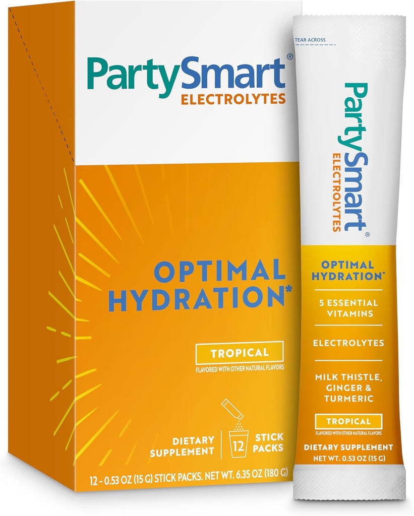 Himalaya PartySmart Tropical Electrolytes Powder Packets, 12 Tellen, Ondersteunt Hydratatie, Rehydrateren met Natrium & Kalium, Vitamine C & Meer, Antioxidant Herstel Blend Melkdistel, Gember & Kurkuma