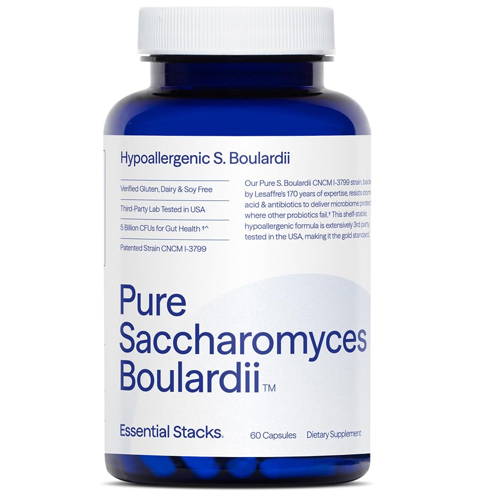 Essential Stacks Saccharomyces Boulardii Probiotics (Non-GMO & Gluten Free) - 5 Billion CFUs for Gut Health (60 Capsules)
