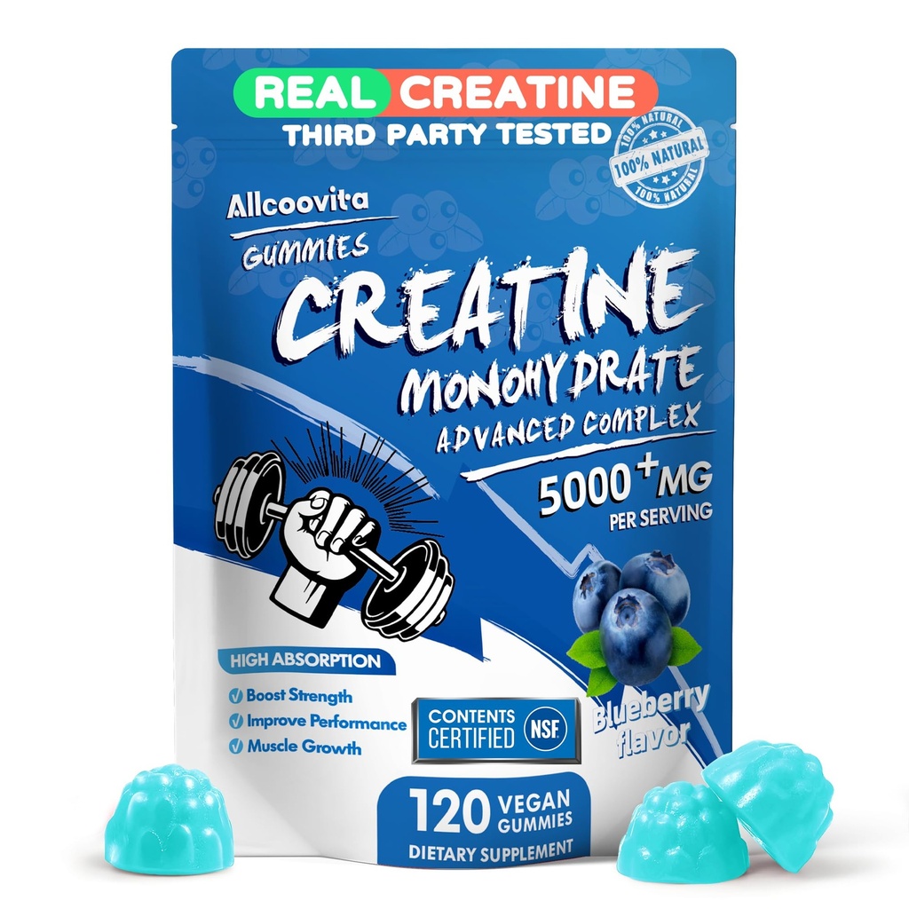 NSF Certified Creatine Gummy - Creatine Monohydrate Gummies 5000mg for Men & Women -120 Gummies Advanced Formula, Muscle Strength, Muscle Builder, Energy Boost, Pre-Workout Supplement-Blueberry