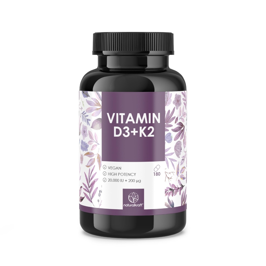 Premium Vitamin D3 + K2, 20,000 IU + 200 mcg, Depot (180 Capsules, High Strength & Vegan) – German Brand Quality