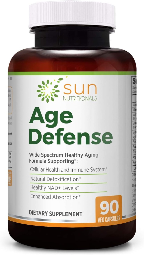 Age Defense with Sulforaphane precursors Glucoraphanin & Myrosinase, NAD+ with Apigenin, Niacin & TMG, Nrf2 & Sirtuin activators Pterostilbene, Trans-Resveratrol, Vitamine K2, Magnesium, 90 VCaps