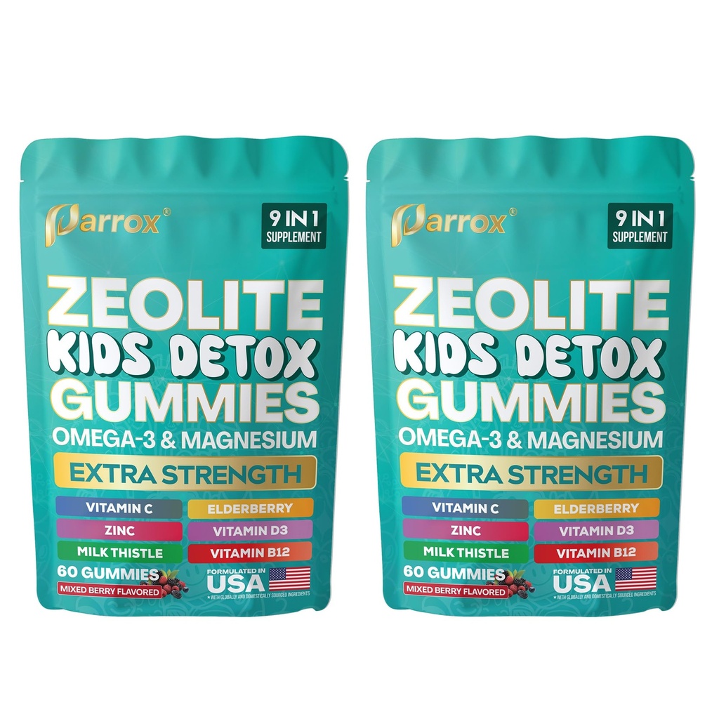 Zeolite Kids Detox Gummies, 9-in-1 Extra Strength with Zeolite, Omega-3, Magnesium, Elderberry, Vitamin C, Milk Thistle, Vitamin D3, Zinc, B12 – Sugar-Free (Mixed Berry Flavor - 2 Pack)