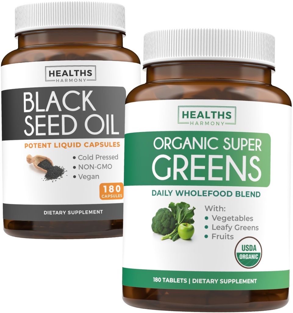 Black Seed Oil & Organic Super Greens (3-maand supply) Zaad & Spruit bundel van zwarte zaadolie (180 capsules) Koudgeperst Nigella Sativa & Organic Super Greens Powder (180 tabletten) Complete Superfood