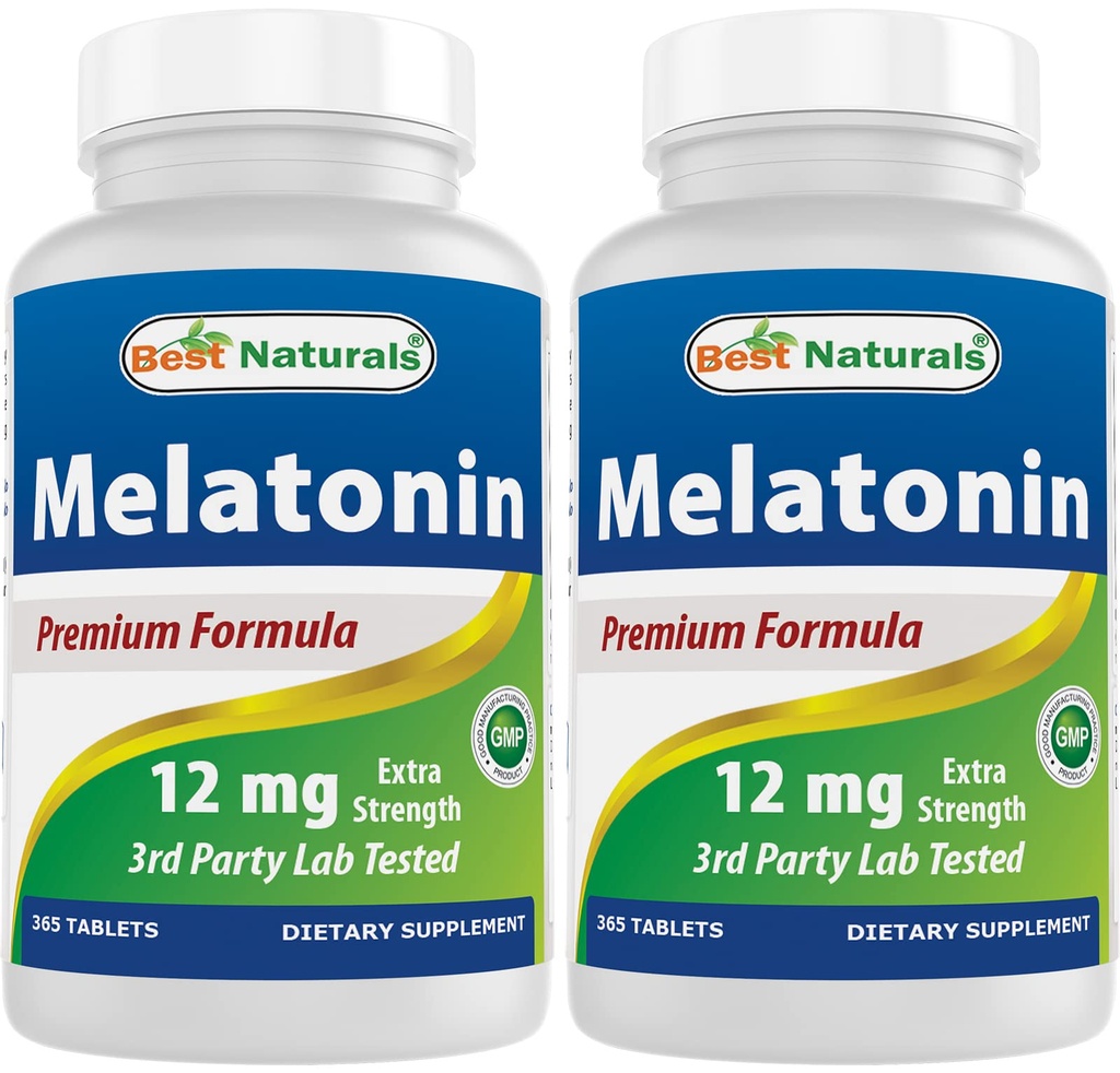 Best Naturals Melatonin 12 mg (1 Year Supply) - Drug-Free Nighttime Sleep Aid, 365 Count (365 Count (Pack of 2))