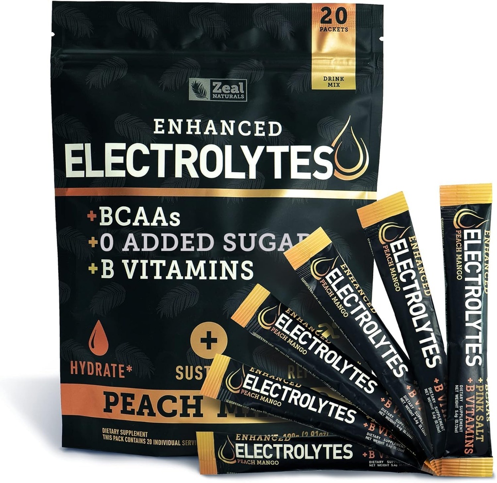 Enhanced Electrolyte Powder (Peach Mango 20pk.) w 0 Sugar +BCAAs +B-Vitamins Electrolyte Supplement w Kalium Zink & Magnesium voor Hydratatie - Keto Electrolyten