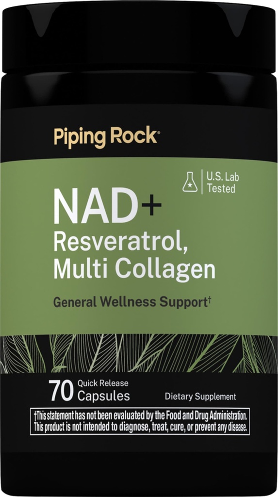 Piping Rock NAD Resveratrol Supplement | Plus Collagen | 70 Capsules | Non-GMO, Gluten Free