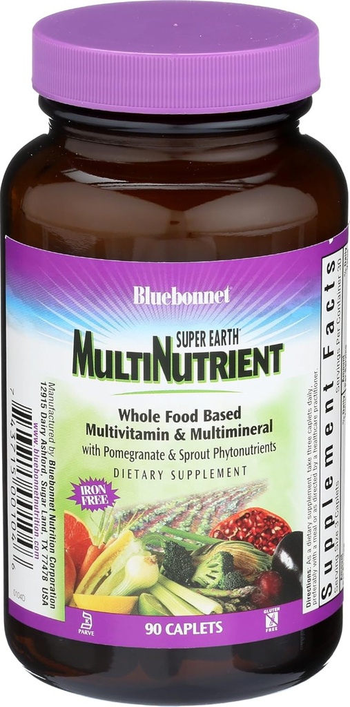 Bluebonnet Nutrition Super Earth* MultiNutrient Formula (Iron Free), for Daily Nutritional Support*, Gluten-Free, Kosher Certified, Dairy Free, Vegetarian Friendly, 90 Caplets, 30 Servings