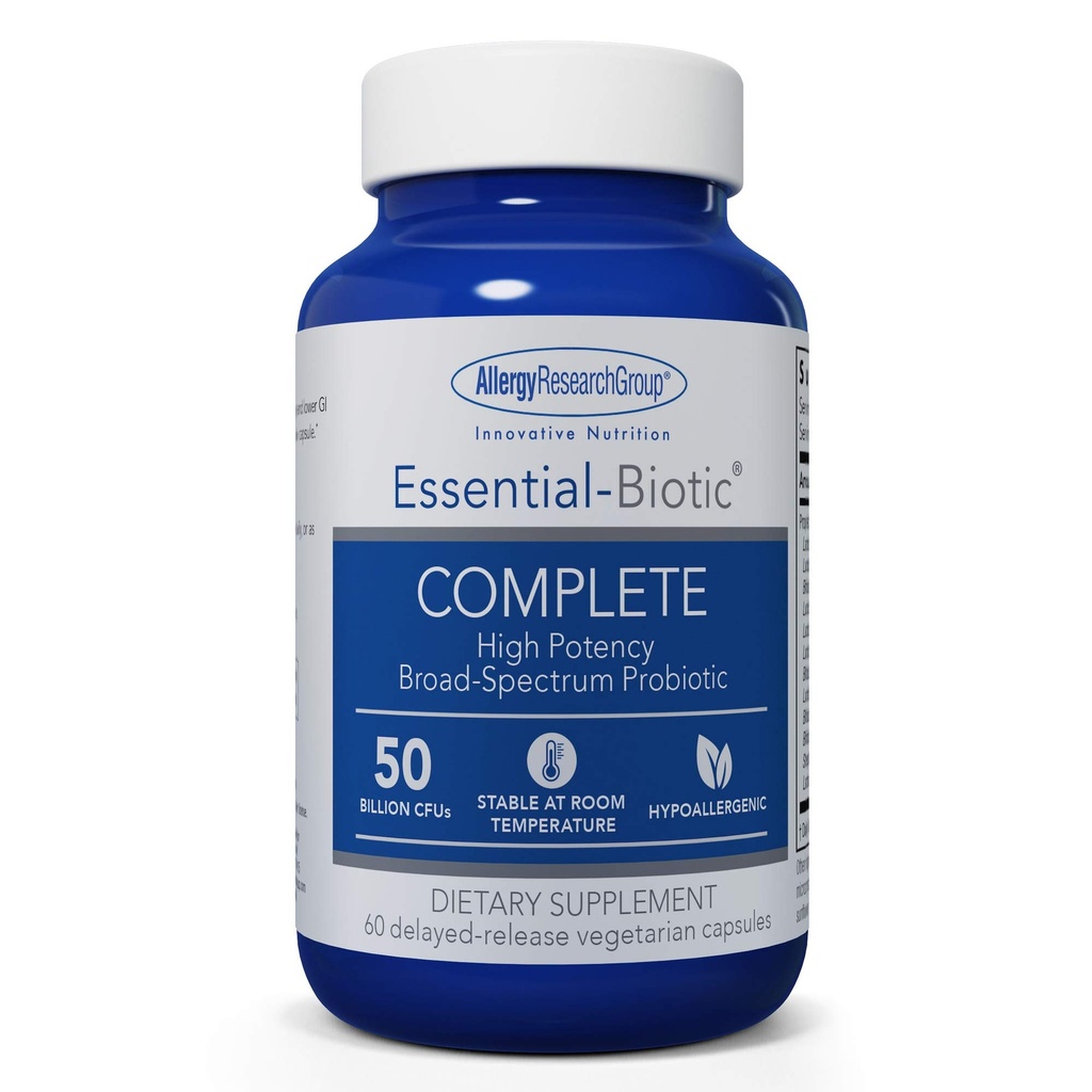 Allergie Research Group Essential-Biotic Complete Supplement - High Potency Probiotics for Men & Women, Supports Gut & Digestive Health, 50 Miljard CFUs, Delayed-Release Vegetarian Capsules - 60 Tel.