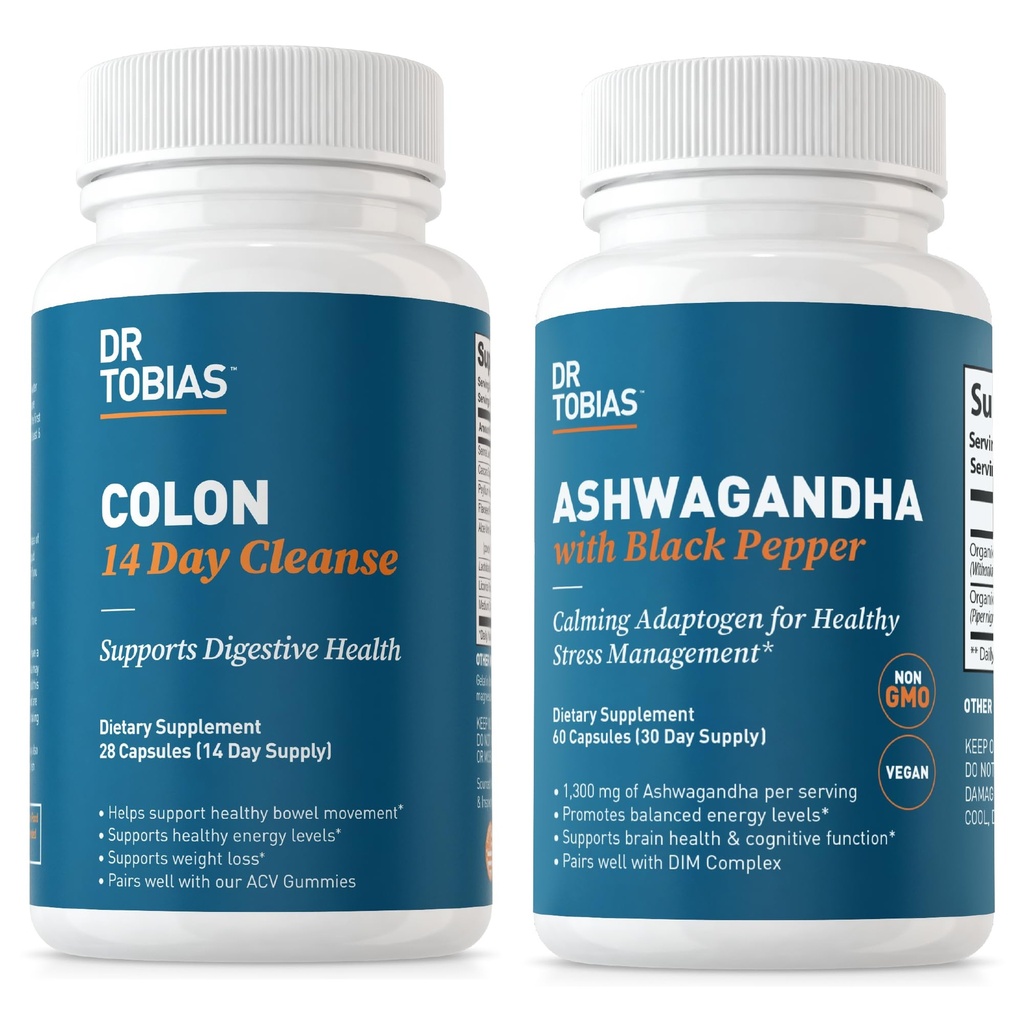 Dr. Tobias Colon 14 dagen Reiniging en Ashwagandha Capsules, Colon Reinigen Detox en Kalmeren Adaptogen, Ondersteunt Energie & Immune Health, Non-GMO