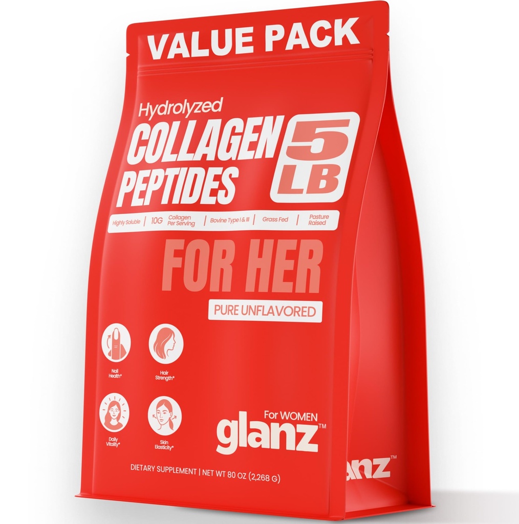 GLANZ Hydrolyzed Collagen Peptides for Women, Collagen Powder Supplement, Skin Elasticity, Hair Strength, Nail Health, Unflavored Peptide Powder, Easy Mix Wellness Supplement, 5 lb (7.5 Months Supply)