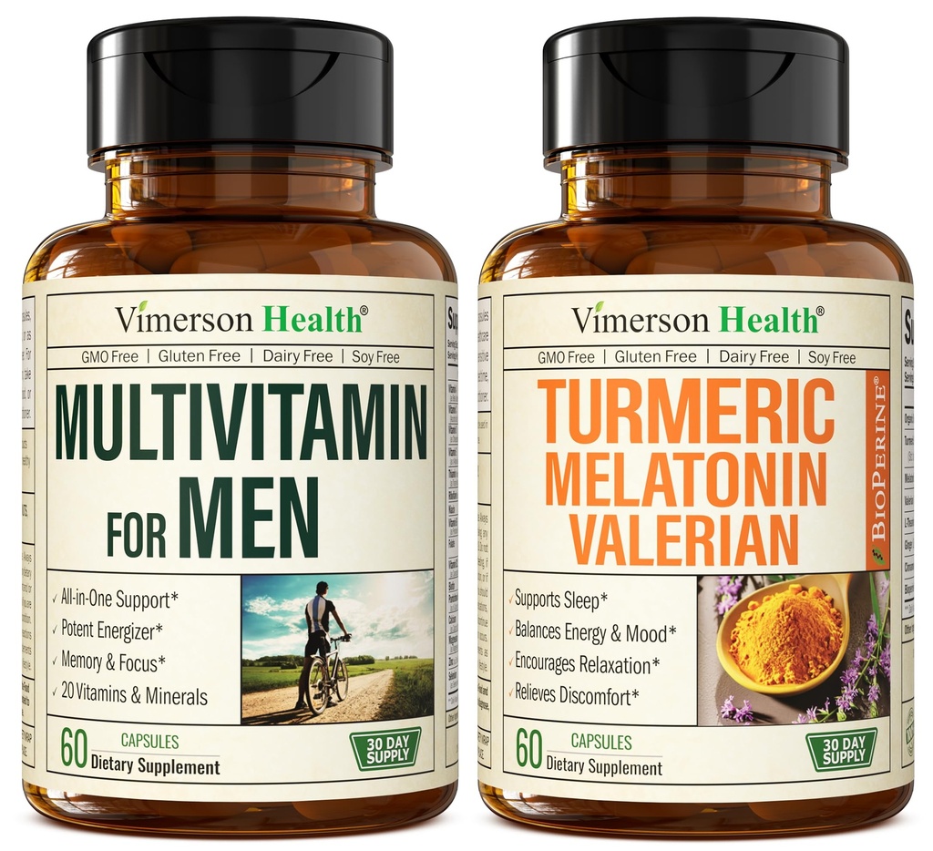 Heren Multivitaminen + Kurkuma Melatonine Valeriaan bundel voor Joint Support and Discomfort Relief, Immune Health & Inflammatory Response