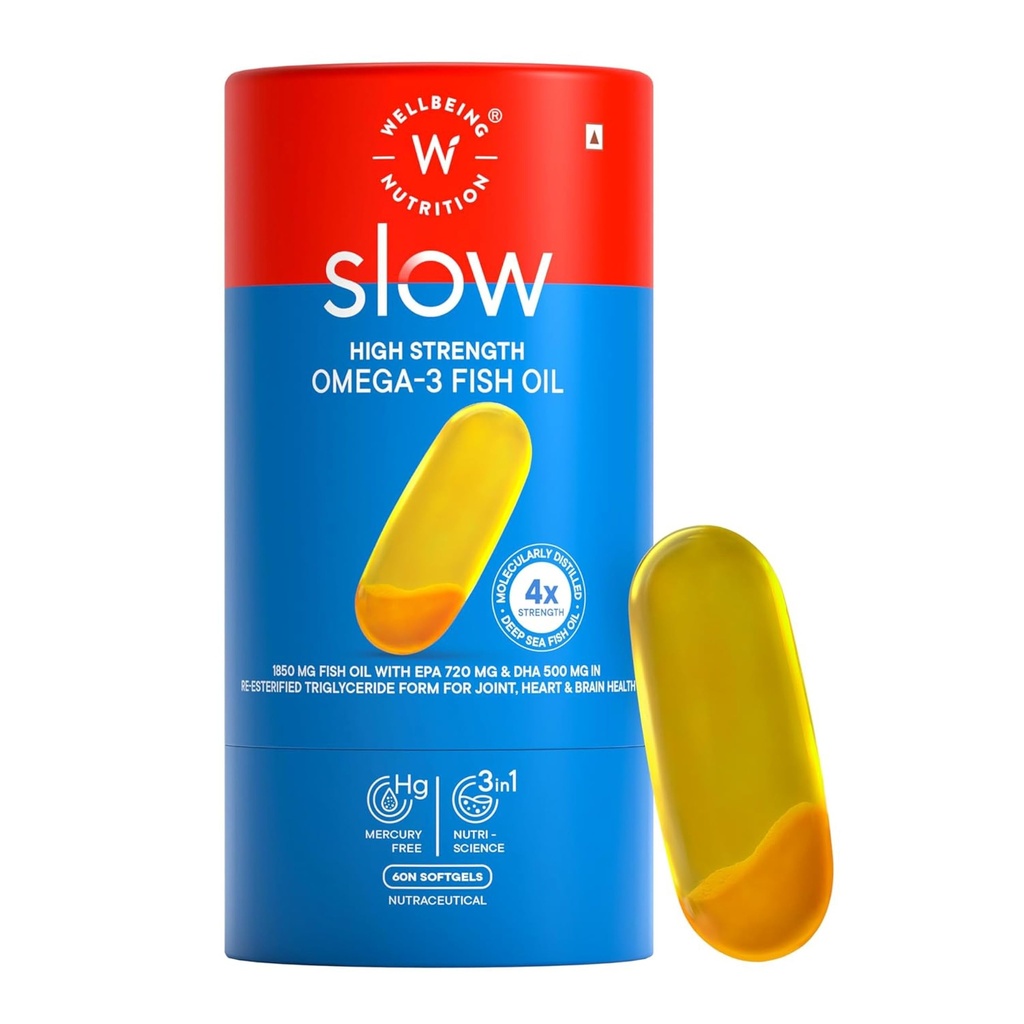 Wellbeing Nutrition Slow 4x Strength Omega 3 Fish Oil Capsules | 1850mg with EPA 720mg, DHA 500mg & Curcumin for Men & Women | No Fishy Burp | For Brain, Heart, & Joint Health, 60 Capsules