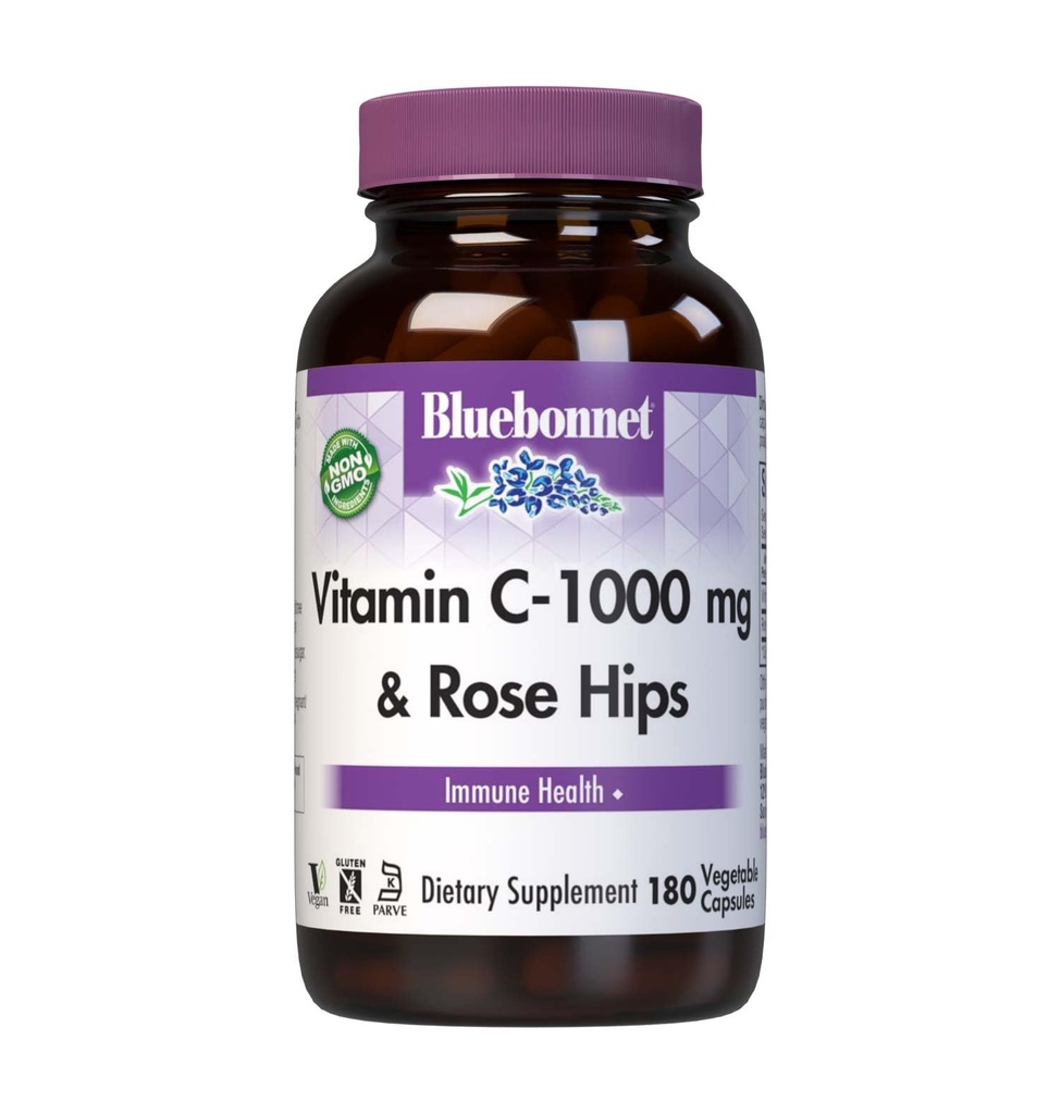 BlueBonnet Vitamin C 1000mg L-Ascorbic Acid with Rose HIPS - Vegan Vitamin C Supplement - Immune Supporting Antioxidants - Non-GMO, Gluten-Free, Soy-Free, Dairy-Free & Kosher - 180 Vegetable Capsules