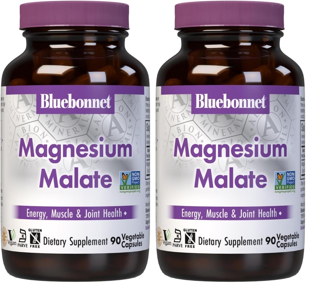 Bluebonnet Nutrition Magnesium Malate Vegetable Capsules - Supports Energy, Muscle & Joint Health - Non-GMO, Vegan, Kosher Certified, Gluten-Free, 90 Count (Pack of 2)