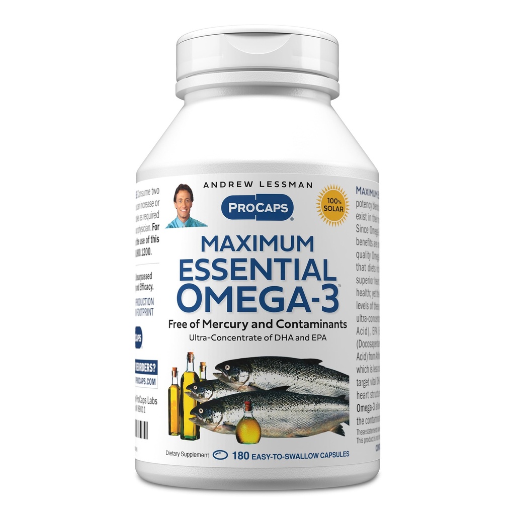 ANDREW LESSMAN Maximum Essential Omega-3 Unflavored, 180 Softgels - Ultra-Pure Omega-3 Fish Oil 1200 mg-High DHA, No Mercury Supplement-Small, Gemakkelijk doorslikken Fish Oil Capsules