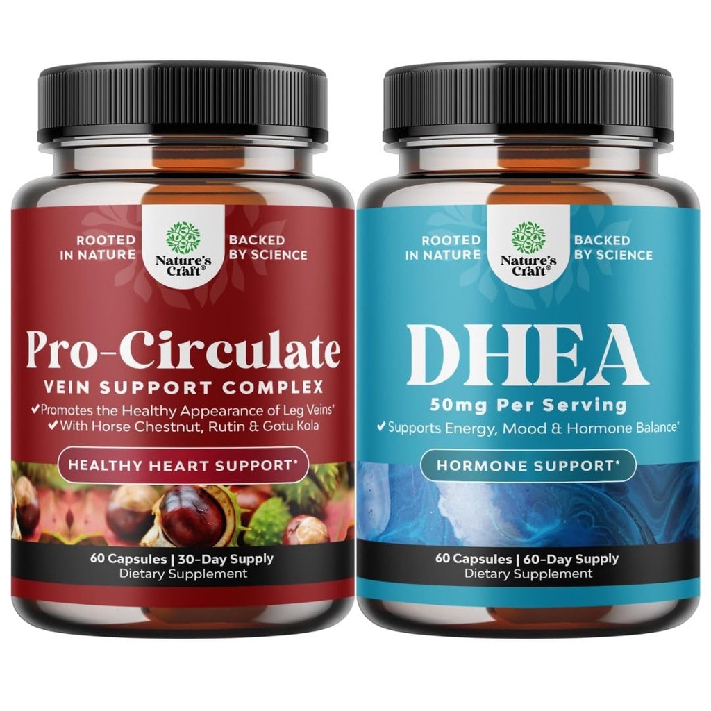 Bundle of Vein Support Supplement for Leg and Veins - Full Body Supplement for Spider & Varicose Veins and DHEA Supplement Pure DHEA 50mg for Hormone Balance - Dehydroepiandrosterone Capsules