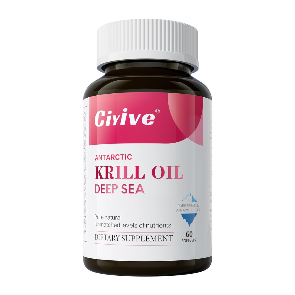 Antarctic Krill Oil Softgels - Rich in Omega-3, phospholipids, Non-GMO, Dietary Fiber Supplement, 60 Capsules