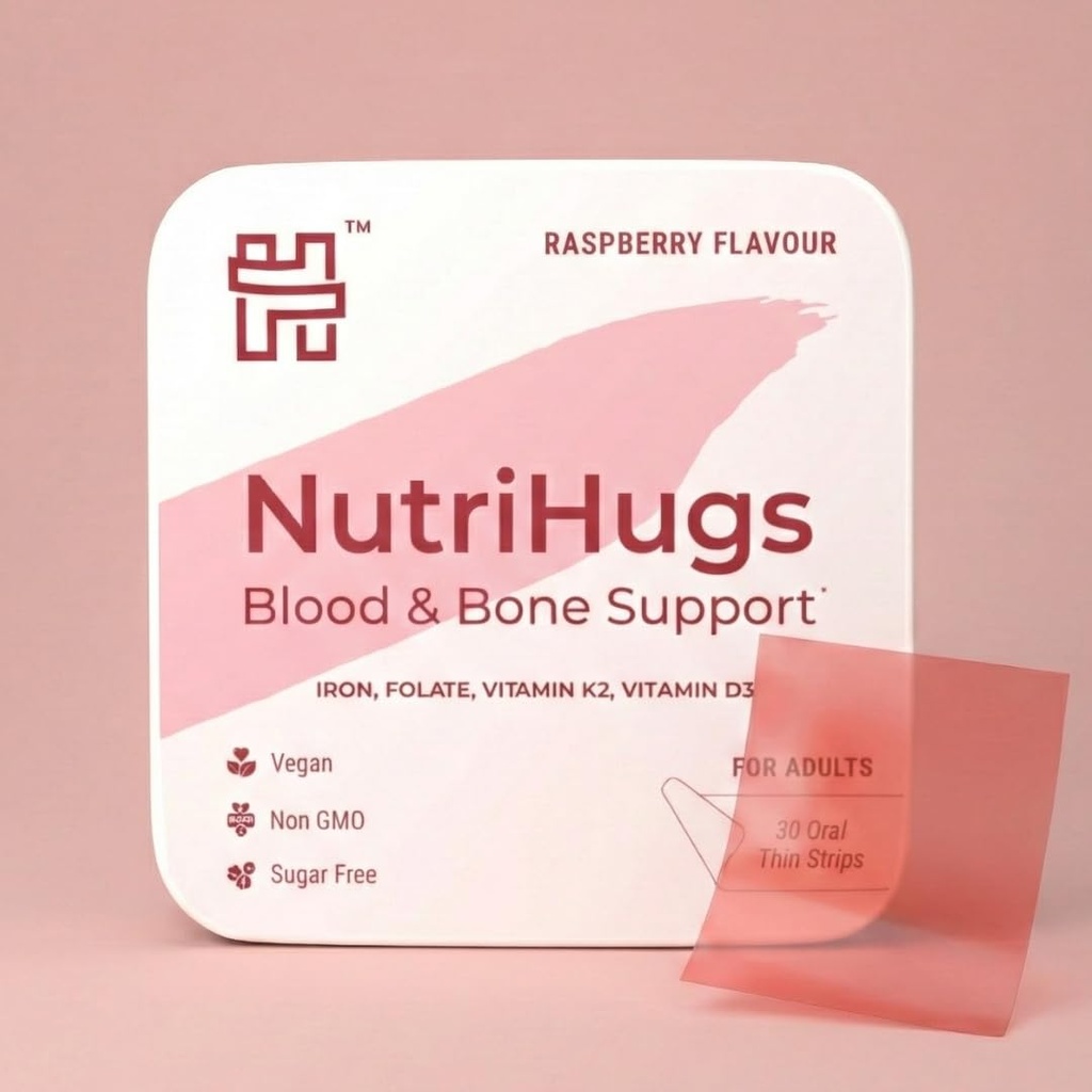 NutriHugs Blood and Bone Support - Iron, Folate, Vitamin D3 and K2 - Fast-Dissolving Oral Thin Film Strips - Non-Constipating Iron - Vegan, Sugar-Free, Non-GMO - 30 Strips