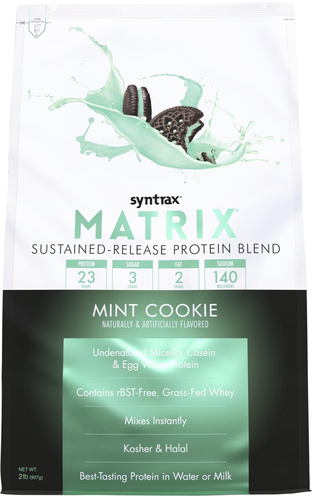 Syntrax Matrix Sustained-Release Protein Powder - Grass-Fed Whey, Micellar Casein & Egg White Protein, Mint Cookie, 2 lbs. with Real Cookie Pieces
