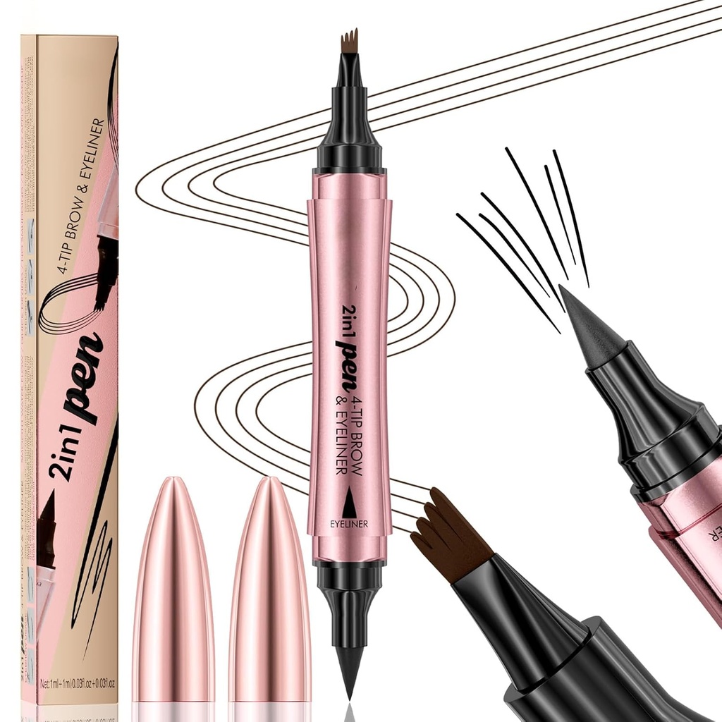 Q710 2in1pen,4-Tip Brow pen&Eyeliner,Dcuble-ended design,wild eyebrow makeup,microblading eyebrow pen,waterproof,Soft nib,With one smooth stroke(2#Dark Brown)