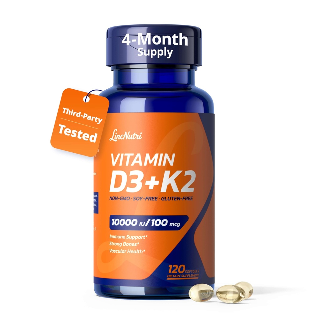 Vitamin D3 K2 10000IU, MK-7 100mcg, 120 Softgels Supplements, Gluten Free, Bone & Heart Health, Immune Support,K2 D3 Vitamin Easy to Swallow, Vitamina D3 con K2 for 4-Month Supply