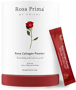 Unichi Rose Collagen Peptides Powder, Hydrolysed Marine Collagen Type I, III with Vitamins A, C, E in Rose Petal Powder for Hair, Nails and Skin Health, 0 Sugar, 0 Fat, Rose Petal Flavour, 30 Servings