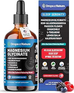 Magnesium Glycinate & Ashwagandha Liquid Drops with Valerian Root, Chamomile, Passion Flower, Lemon Balm & L-Theanine - Vegan Fast Absorption - Supplement for Wellness & Relaxation (Mixed Berry, 60mL)