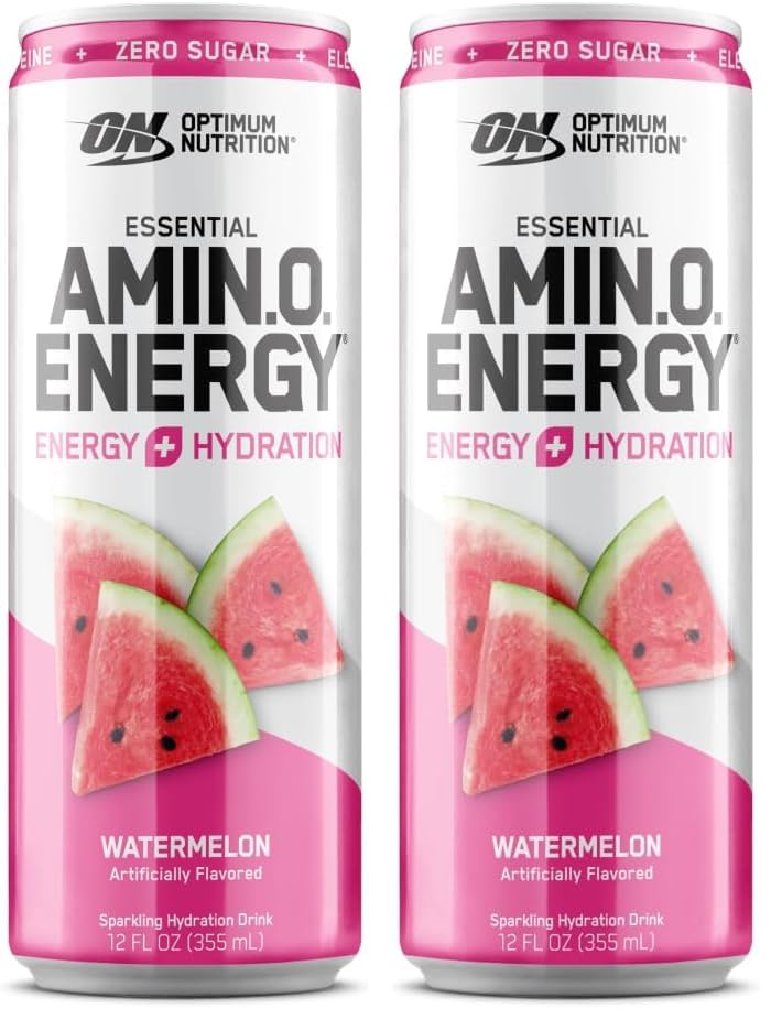 Optimum Nutrition Amino Energy Sparkling Hydration Drink, Electrolytes, Caffeine, Amino Acids, BCAAs, Sugar Free, Watermelon, 12 Fl Oz, 1 count (Packaging May Vary) (Pack of 2)