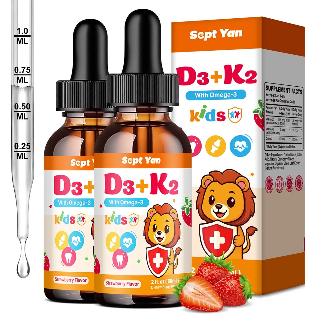2 Pack Kids Vitamin D3 K2 Drops - K2 D3 Vitamin Supplement 1000 IU with Omega 3, Support Bone, Mood, Teeth & Immune - Vitamin D3 K2 (MK-7) Liquid Drops for Adults & Kids, Sugar Free Strawberry Flavor