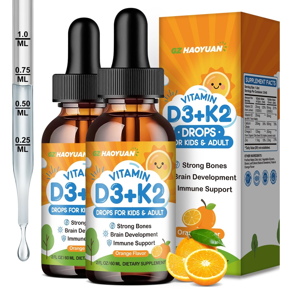 Vitamin D3 K2 Drops for Kids Liquid Supplement with Calcium, Omega 3, Zinc, Vitamin D3 K2 for Calcium Absorption Healthy Bones, Brain Development & Immune System, Non-GMO, Vegan, Orange Flavor 4 Fl Oz