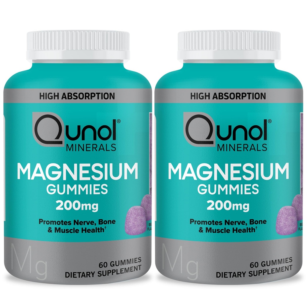 Qunol Magnesium Gummies for Adults, Qunol 200mg Magnesium Citrate Gummies, High Absorption Magnesium Supplement, Supports Nerve Health, Bone Health, Muscle Health, Vegetarian, 60 Count, Pack of 2