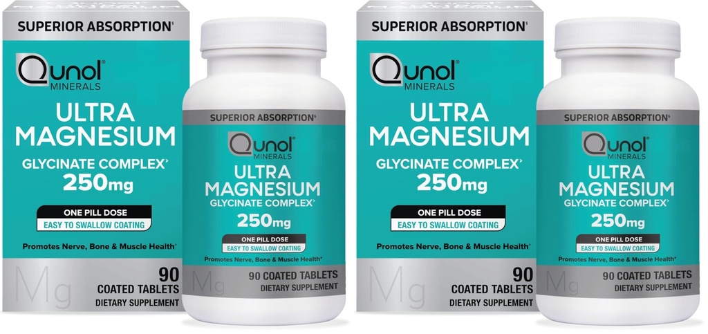 Qunol Magnesium Glycinate Complex,Gentle on Stomach,250mg Pill Dose,Superior-Absorption Magnesium,Nerve,Bone and Muscle Health Supplement,90 Count (Pack of 2)