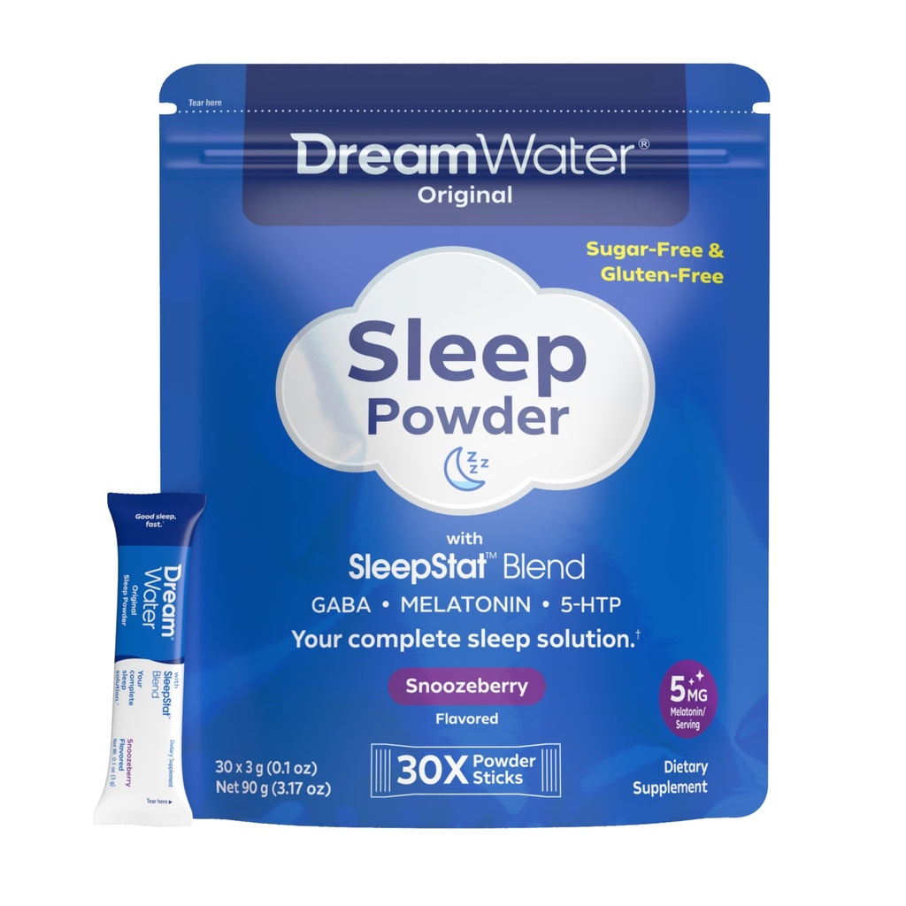 Dream Water Sleep Aid Powder; Melatonin 5mg, GABA, 5-HTP; Natural Flavors; Helps You to Fall Asleep, Fast, and Wake Refreshed; Snoozeberry, 30-Count.
