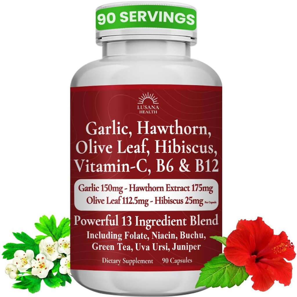Blood Pressure Support Supplement for Heart Health, Cardiovascular and Circulation Support, 90 Servings, 13 Vitamins Herbs & Extracts - Garlic Hawthorn Olive Leaf Hibiscus, Made in USA