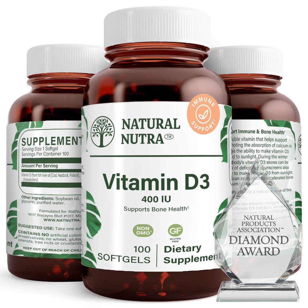 Natuurlijke Nutra Supreme Vitamine D3 400 IE Softgels, helpt Boost Immune, Ondersteuning Longen Gezondheid, Sunshine Vitamine, helpt bij het verbeteren van de cardiovasculaire gezondheid, bot- en tandensterkte, Glutenvrije, 100 Softgels