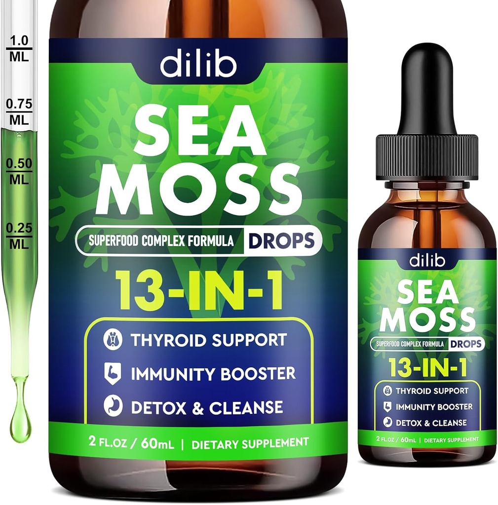 Irish Sea Moss Liquid Drops: 13 in 1 met Black Seed Oil, Ashwagandha, Tumeric, Multimineral, Vitamine C, E, Ondersteuning voor Gut Heath Energy Huid Immune Ondersteuning & Hair for Women and Men, 2 Fl Oz, Vegan