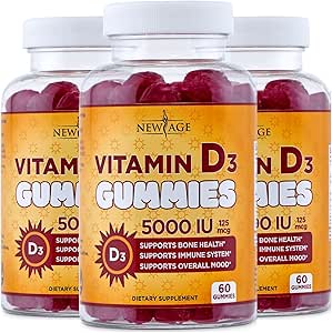NEW AGE Vitamin D3 5000 IU 125mcg Gummies - Support Immune Support, Strong Bone Health - Non-GMO, Gluten-Free, Dairy-Free, No Gelatin (180 Gummies (Pack of 3))