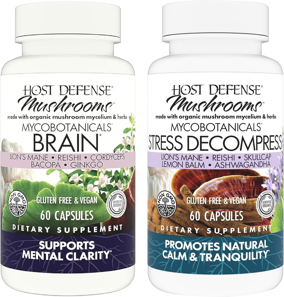 Host Defense Bundle with MycoBotanicals Brain* Capsules, 60 Count & MycoBotanicals Stress Decompress* Capsules, 60 Count - Ondersteuning Geheugen & Focus - Ondersteuning Ontspanning*