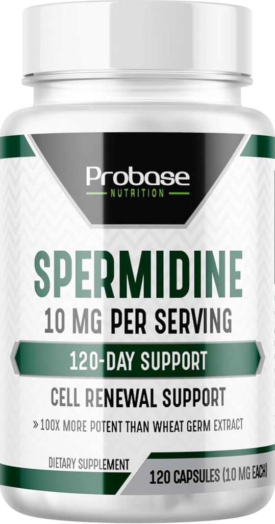 Probase Nutrition Spermidine (10 mg 99% Spermidine 3HCL - Getest door derden) 120 Capsules - 100x meer krachtig dan tarwekiemextract, Telomere Health and Aging 120-Day Supply - Zo efficiënt als NMN