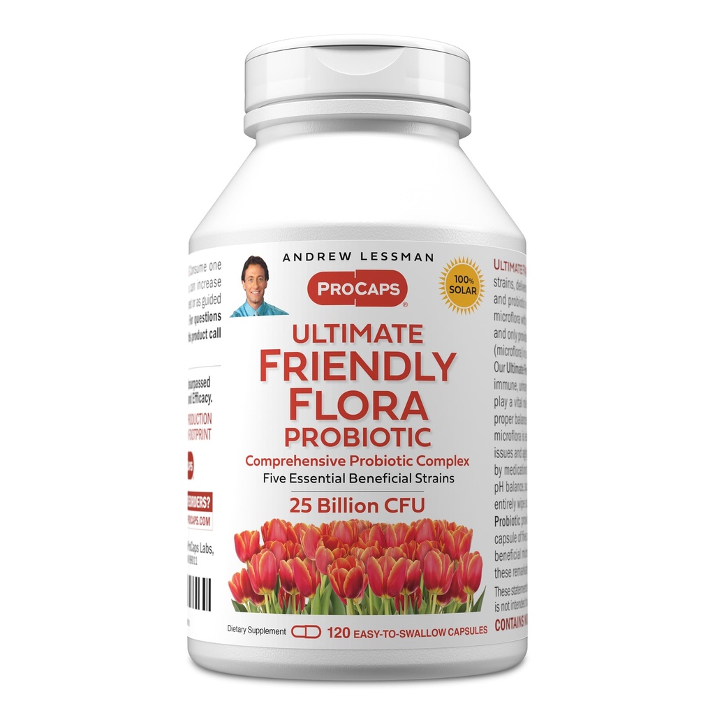 ANDREW LESSMAN Ultimate Friendly Flora Probiotic 120 Capsules - 25 Billion CFU, Comprehensive Blend of Five Probiotic Strains, Powerful Immune and Digestive Support. Probiotics for Women or Men