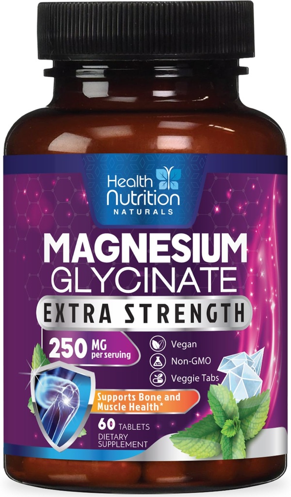Magnesium Glycinate 250mg - 100% chelated Magnesium voor Max Absorptie - Slaapondersteuning, Spier, Zenuwen, Bone & Heart Health Support, Best Mag Supplement, Vegan Non-GMO, 3rd Party Tested - 60 tabletten